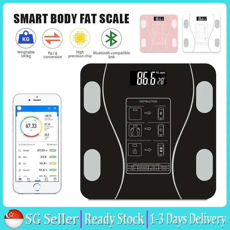 【SG Ready Stock】Bathroom Weight Scale Bluetooth Body Weighing Scale Smart Body Composition Scale Connect with Phone App Weighing Body Fat Scale Monitoring Health Indicators