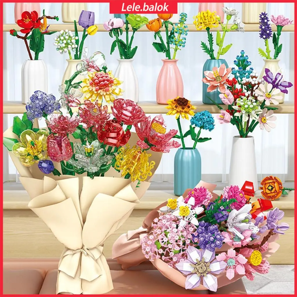 Mainan Block Bunga Segar Bricks Susun Balok DIY Ikebana Hadiah Romantis untuk Anak Perempuan
