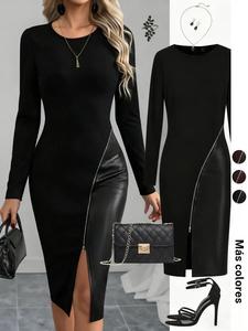 Vestido ajustado de color sólido en cuero PU con parches y cierre, elegante vestido de fiesta de corte ajustado y manga larga, ropa casual de moda para mujer