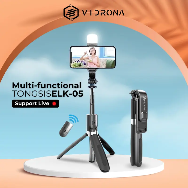 VIDRONA Tongsis Tripod Bluetooth Lampu LED Remote Control Alat Selfie Foto dan Video Stick Portable Flexible 360º Aluminium Holder Panjang Ponsel Wireless Plastik 0