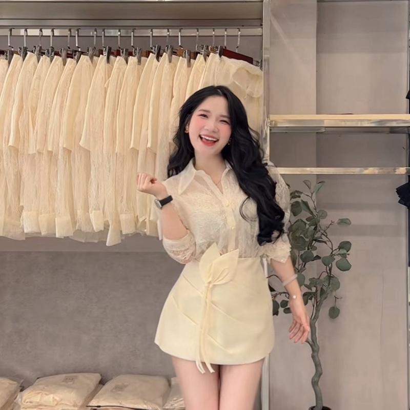 Bèo Béo Bigsize Set Áo Ren Kiểu Sơ Mi Nút Ngọc Ren Cao Cấp Phối Chân Váy Chéo Hoa Taffta Form Bigsize 60-90Kg