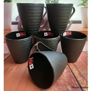 6 Pcs Cangkir Minum Plastik Japan Series ramen Gelas gagng Hitam ulir Clio Tebal Tahan Panas 235 Ml Kitchenware