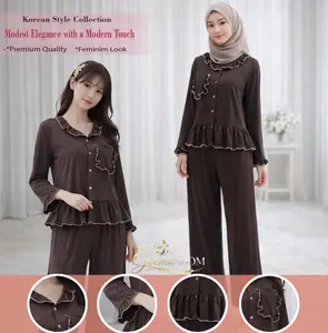 Goemio | [Pre-Order] One Set Nurshafa Setelan Knit Atasan Lengan Panjang Dan Celana Panjang Wanita Polos Casual Simple