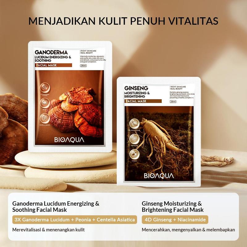 Product Introduction of 【masker 10pcs set】BIOAQUA Masker Varian Biji Buah/ Cereal Series Facial Mask/Nourishing Series Sheet Masks Pearl / Ginseng / Caviar / Bird's Nest / Black Truffle / Ganoderma Facial Mask 28ml/pcs 1