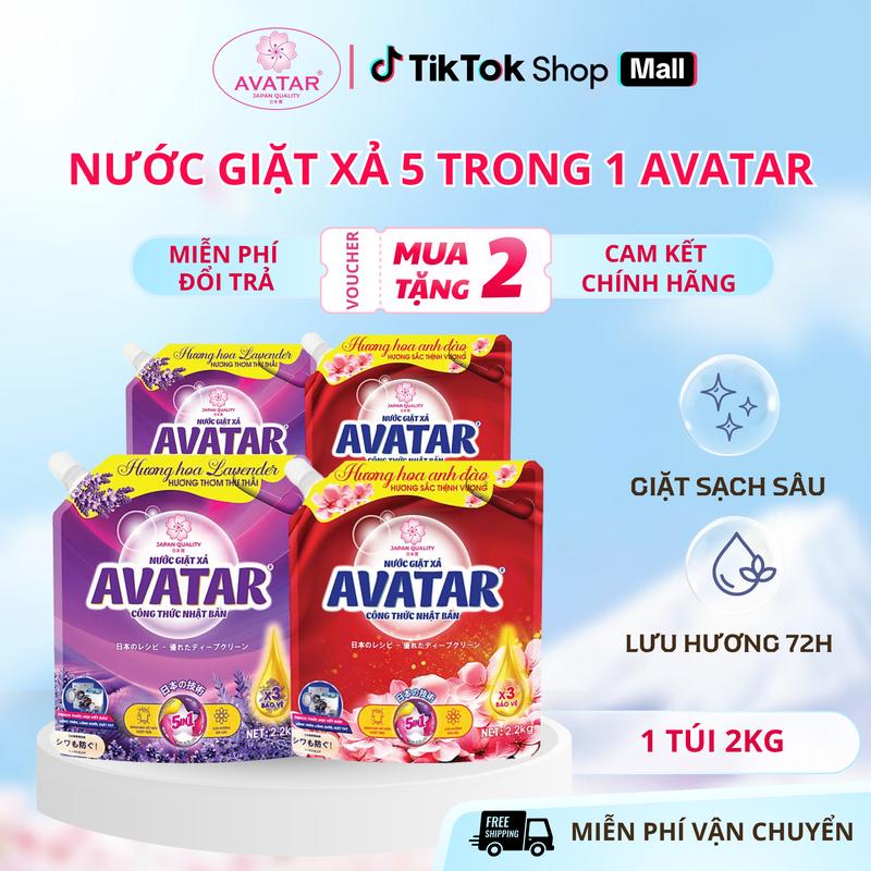Nước giặt xả Avatar 5 in 1 hương hoa anh đào và hương lavender làm sạch sâu, lưu hương dài lâu, dịu nhẹ cho làn da túi/2kg2 nước giặt