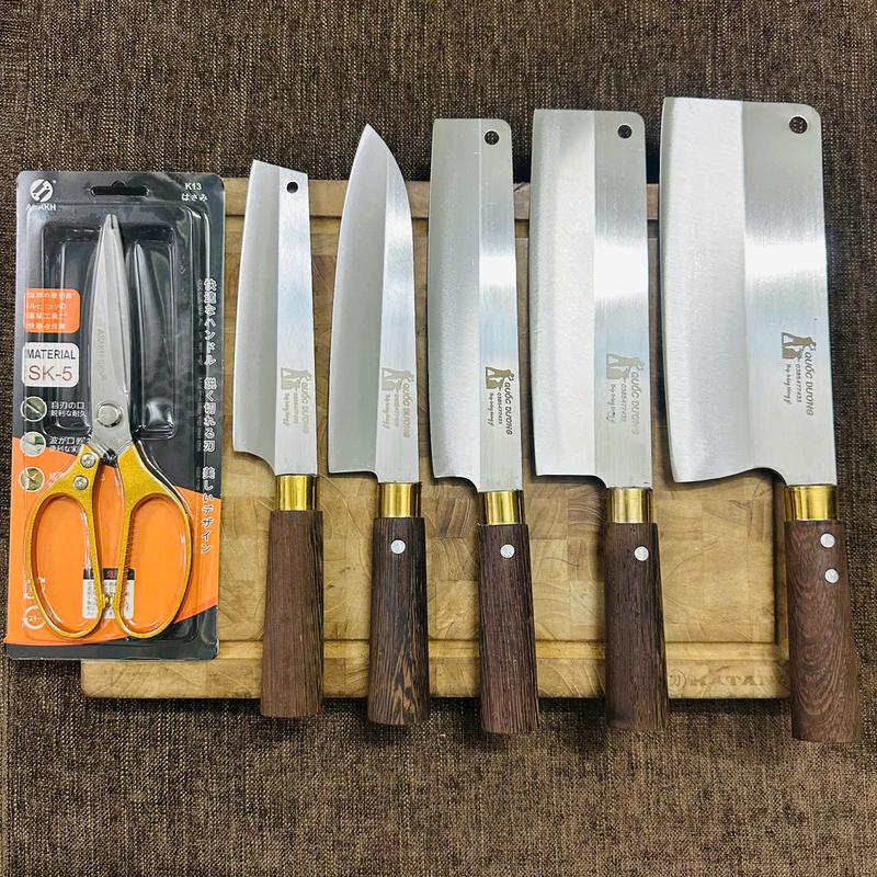 (Tặng kéo) Bộ 5 dao thép trắng Nhật 420HC không han gỉ cán gỗ mun vàng nguyên khối ,bảo hành 12 tháng dùng thử 15 ngày- Mã 16