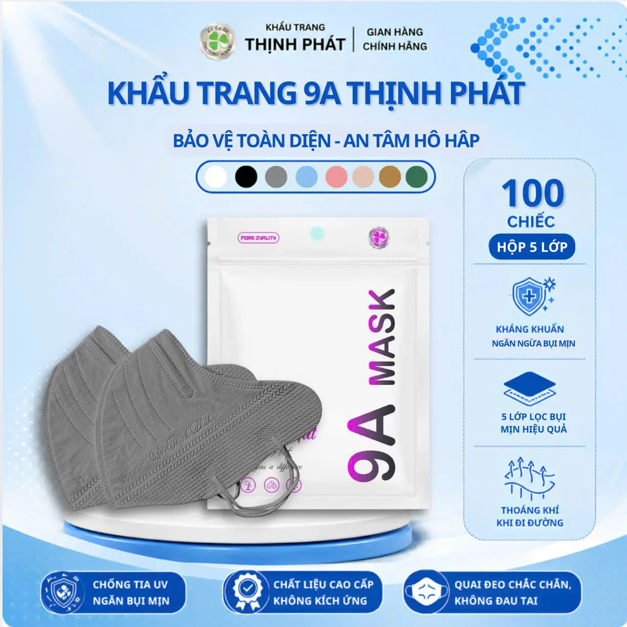 Combo 100 chiếc khẩu trang 9A Thịnh Phát 5 lớp, form to, chống nắng và che phủ kín mặt, size từ 50-99kg - Accessories, Phụ Kiện