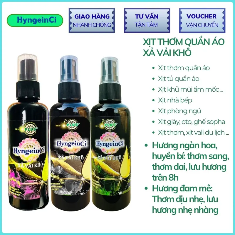 [Combo mới 3 TẶNG 2] Xịt thơm quần áo HyngeinCi Có 3 mùi hương - Xả vải khô hương thơm bền lâu, quần áo thơm dai - Chai 100ml nước Xịt thơm quần áo 6