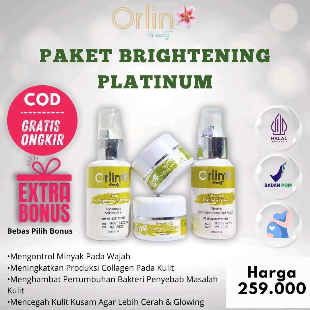 paket brightening  Platinum/ paket whitening  orlin beauty skincare  BPOM. mencerhakan&menggelowingkan  kulit aman untuk ibu hamil dan busui Mencerahkan Facial Perawatan Komedo Memutihkan Muka Acid Aging Niacinamide Pencerah Wajah Membersihkan Kotoran