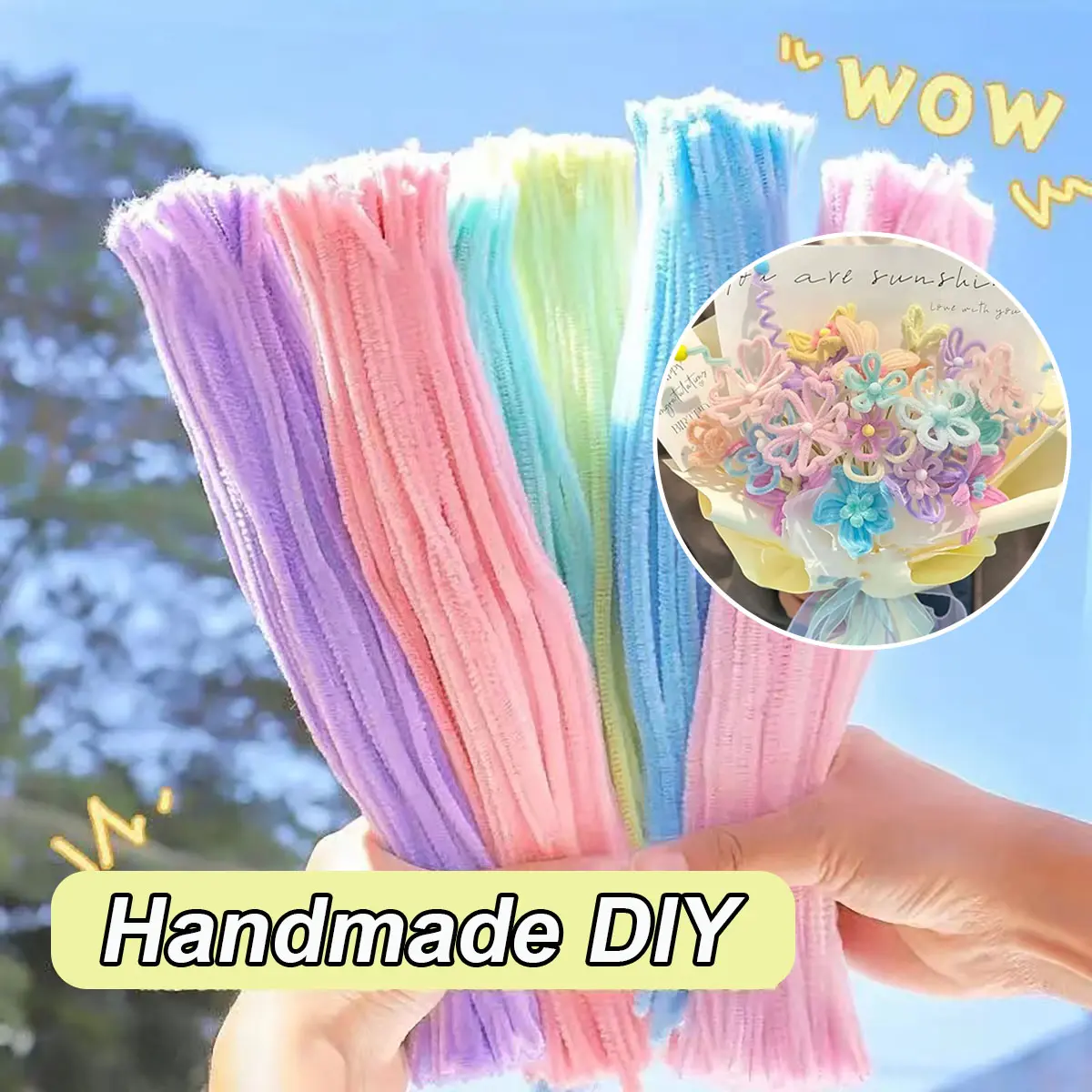 100pcs Colorful Dense Fuzzy Wire Bouquet Pipe Craft Flower Chenille Stem DIY Children's Handmade