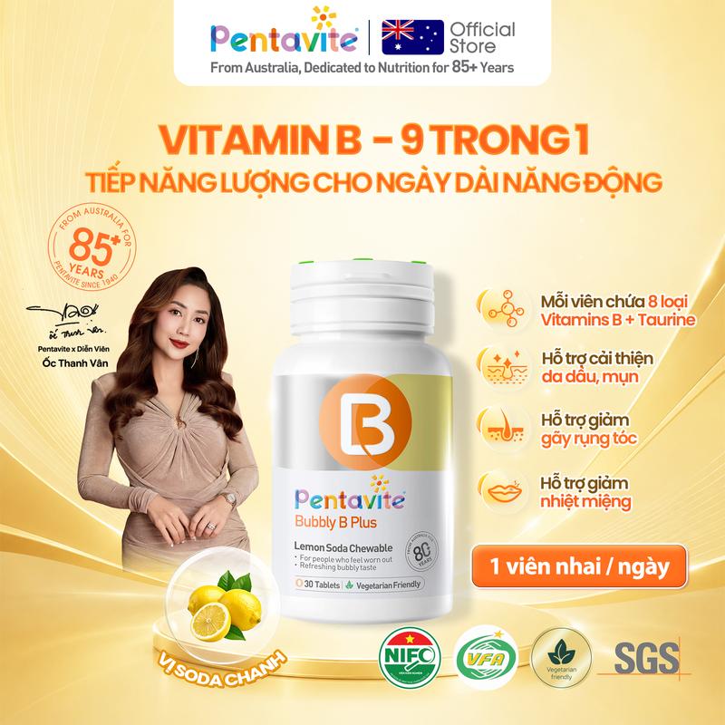 [LIVE PENTAVITE] Vitamin B Complex Viên Nhai - Bổ Sung 8 Loại Vitamin B + Taurine - Hỗ trợ chuyển hóa năng lượng, hạn chế rụng tóc - Hộp 30 viên - Hương vị Soda Chanh dễ dùng - Chứng nhận VFA, NIFC