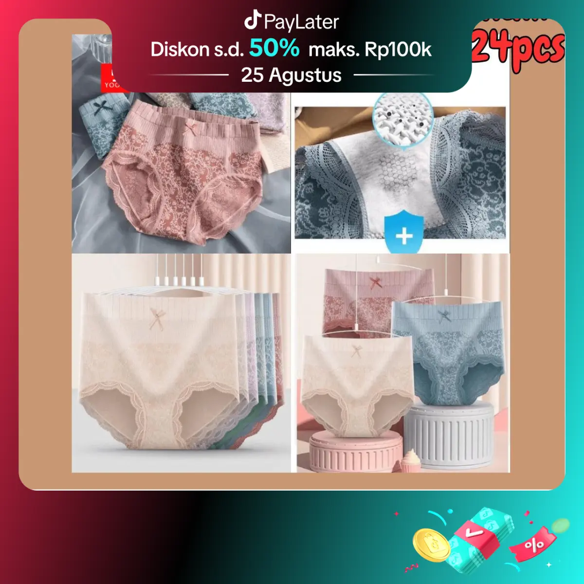 KESYAMARTGROSIR -  Obral 24 Pcs 2 Lusin Lusinan 24/12/6 Pcs Celana Dalam Sutra Wanita CD Korea Sexy Cewek Dewasa / Briefs Seamless High Waist Elastis Perempuan / Korset Pants Stretch 010 Silk Motif Mini Pendek celana  dalamobral Brokat
