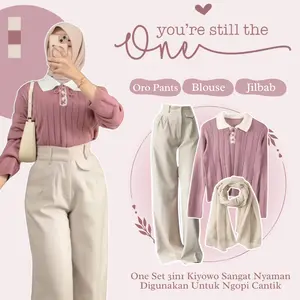 One Set Wanita Outfit Berhijab 3in1 (Blouse Rajut + Oro Pants + Jilbab Segi Empat) Korean Style HO51N