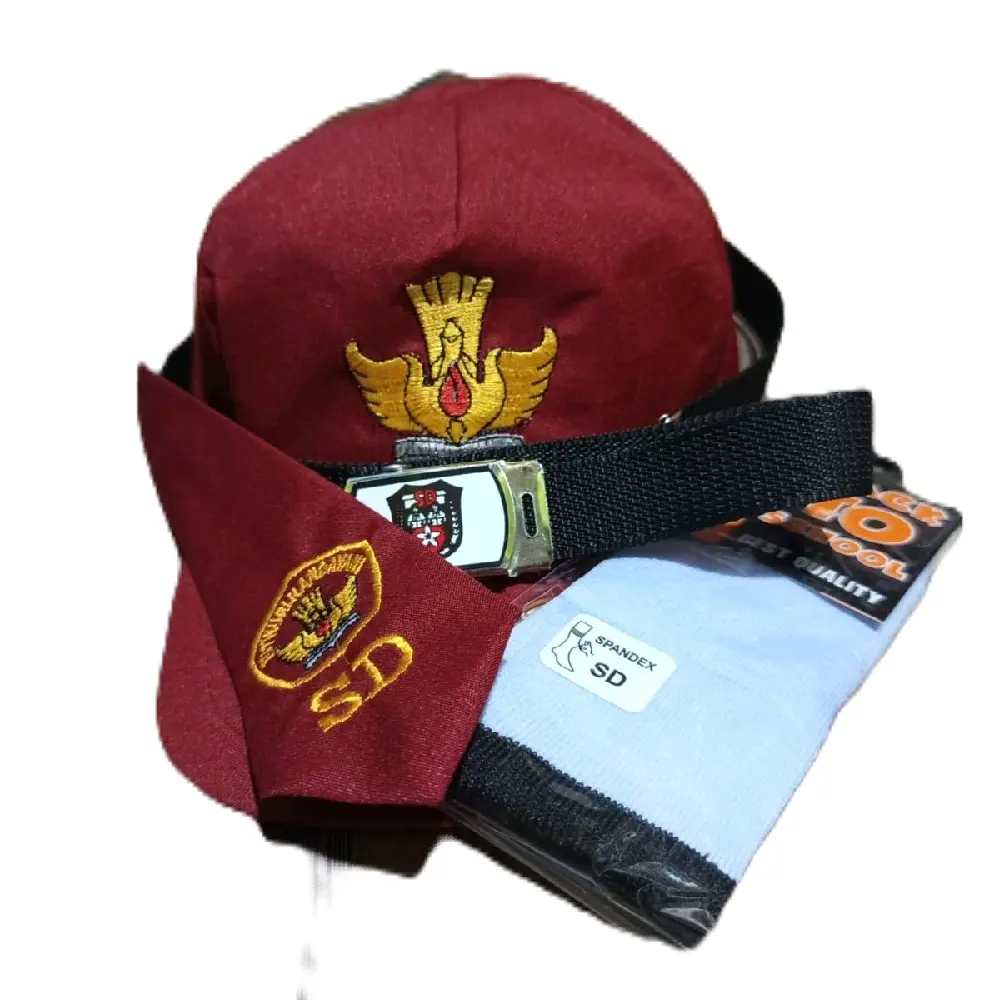 PAKET TOPI DASI SABUK KAOSKAKI BELAKANG KARET BORDIR COMPUTER