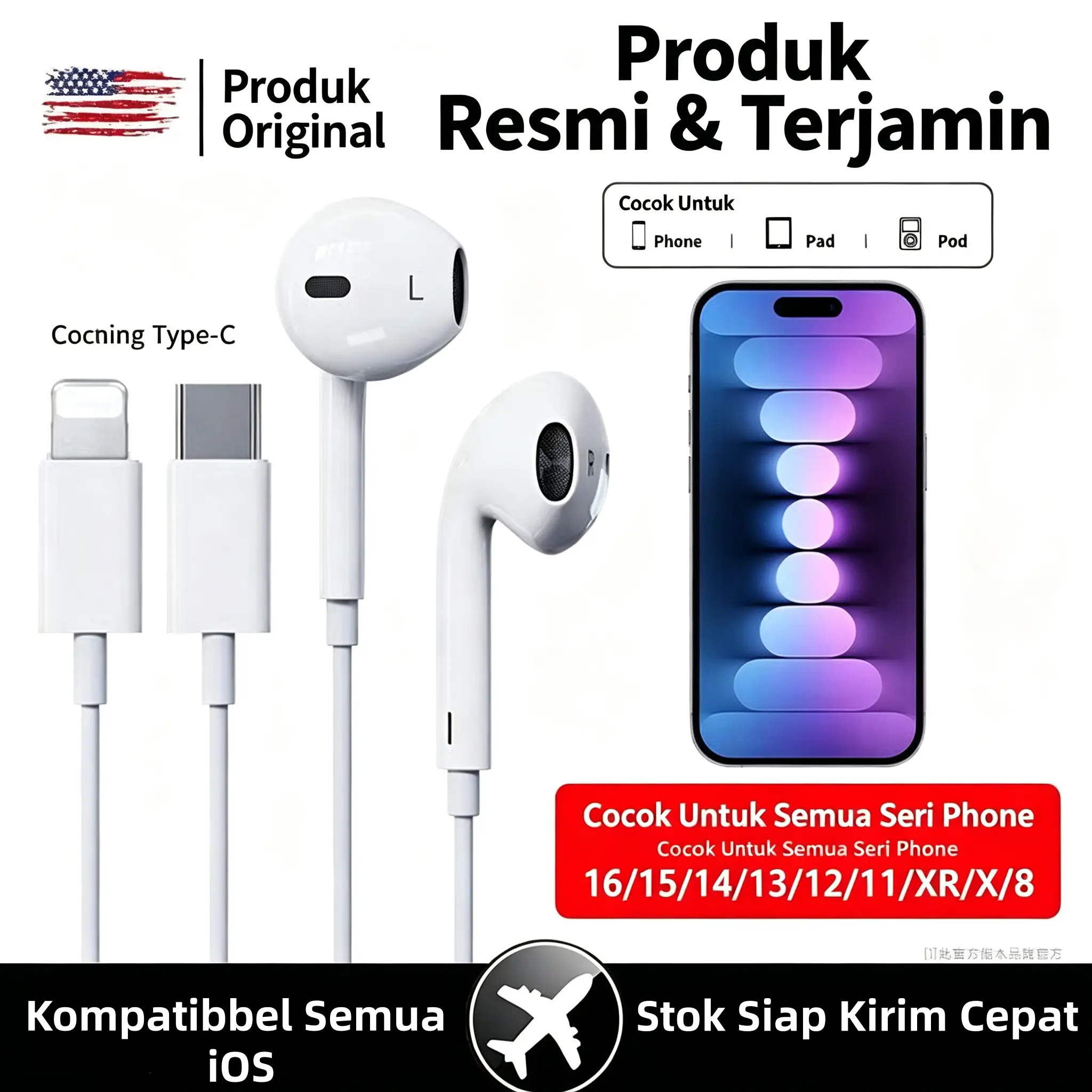 Headset Kabel Lightning HiFi Stereo Clear Sound Mikrofon HD Plug & Play untuk Smartphone Port Lightning Garansi 24 Bulan