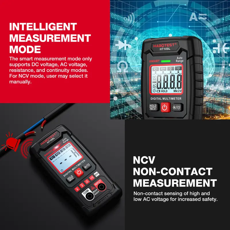 Đồng Hồ Vạn Năng Kỹ Thuật Số, HABOTEST HT109L, 600V AC / DC, 4000 Số Đếm, Độ Chính Xác Cao, Chống Cháy, Đồng Hồ Vạn Năng Thông Minh, Không Cần Di Chuyển, Không Tiếp Xúc, Nhận Dạng Tự Động, [Không Bao Gồm Pin] Còn Hàng 5