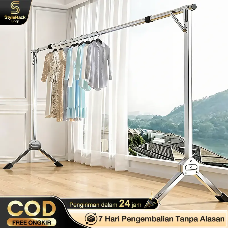 Jemuran Baju Lipat Stainless Steel Single 160/200/240CM Jemuran Pakaian Tahan Karat Jemuran Hanger dalam rumah tiang untuk jualan