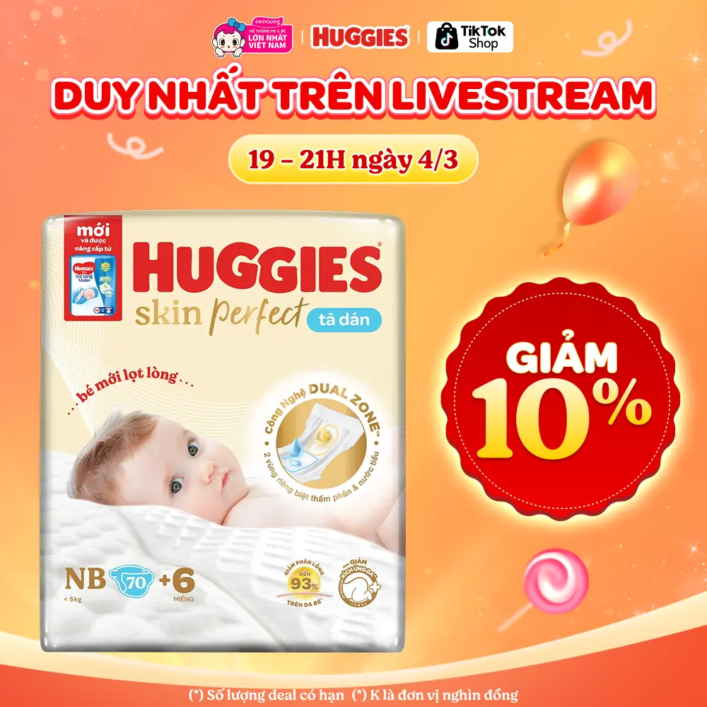 Tã dán lọt lòng Huggies Skin Perfect (Newborn, dưới 5kg, 70 miếng)