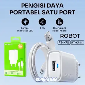 ROBOT Pengisi Daya Portabel Satu Port RT-K7S RT-K7SC dengan Lampu Indikator LED 1.2A dan Kabel Micro dan Type C