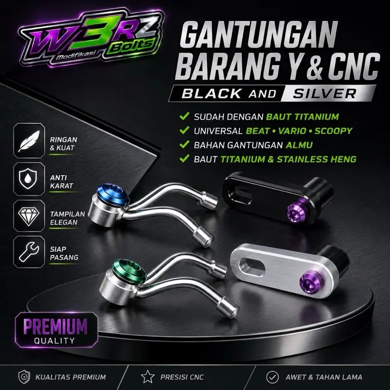 NJ Parts Gantungan Barang Sepeda Motor Universal Chrome dengan Baut Titanium Stainless untuk Beat Scoopy Vario Mio Sporty Soul Smile Fino Motorcycle Besi