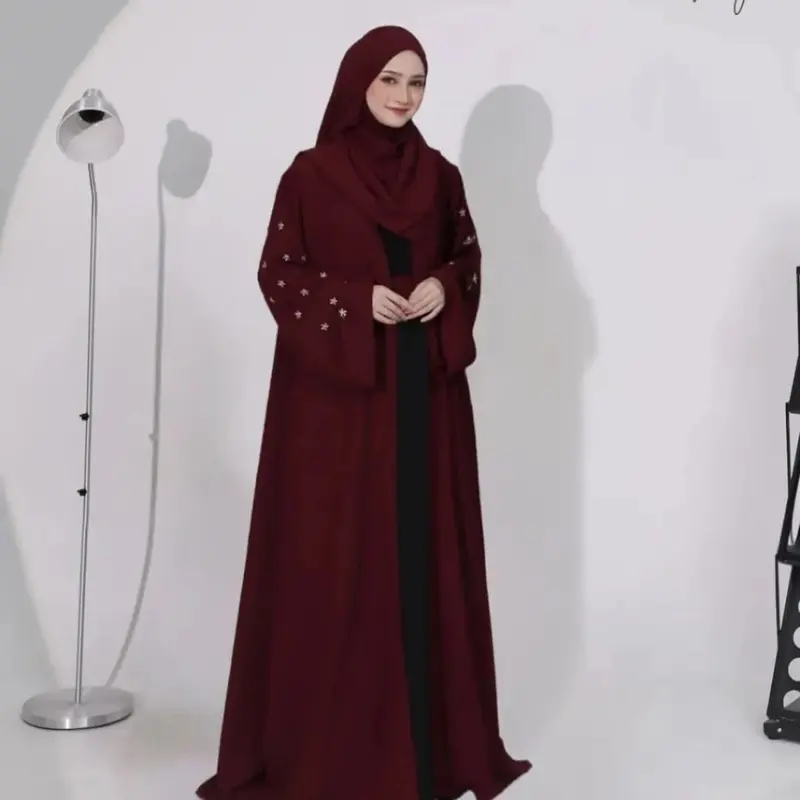 Abaya Luna - Busana Muslimah Terbaru 2025 Bahan Crinkle Mix Bordir Kekinian Baju Gamis Lebaran Two Tone Outer Terpisah Luxury Abaya Black Viral Bisa Cod 4