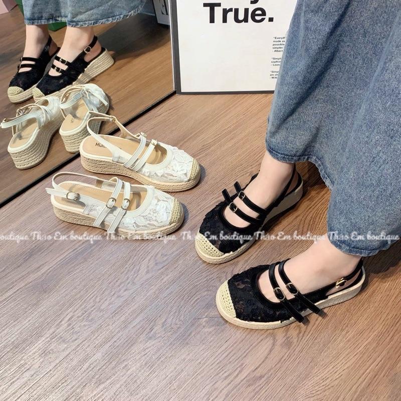 [Thảo Em - XD28-2] Sandal xuồng nữ quai hậu ren lưới đế cao su non giả cói 5cm mẫu mới