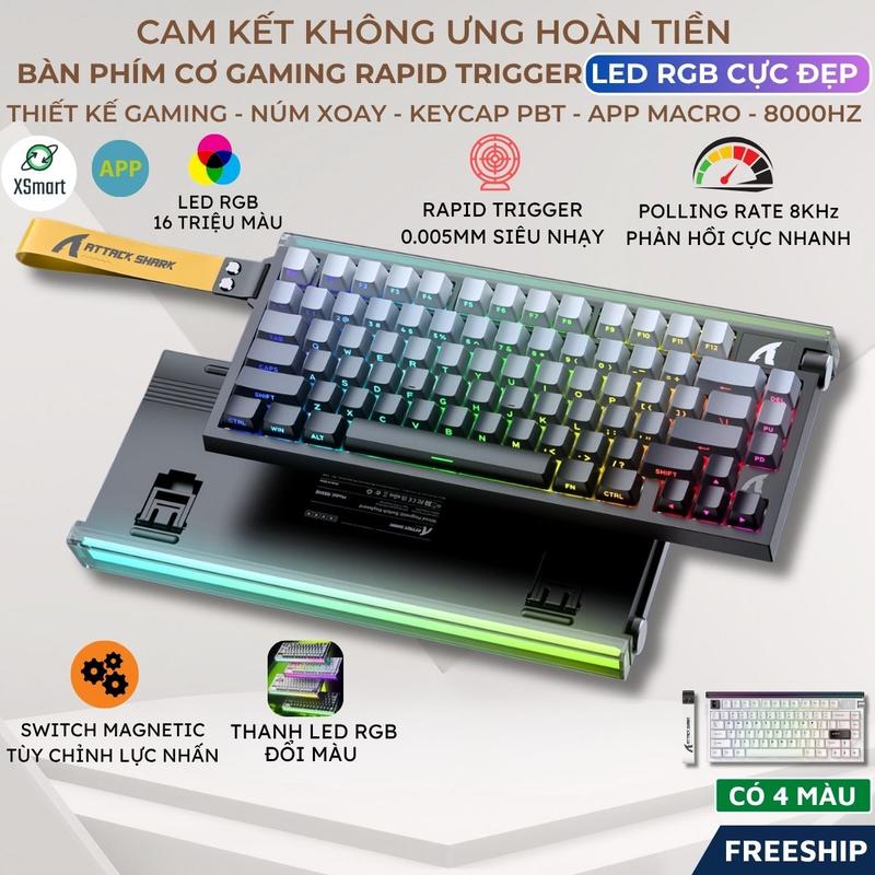 Bàn Phím Gaming Attack Shark R85HE Switch Từ Tính Rapid Trigger 0.005mm 8KHz LED RGB Neon Box