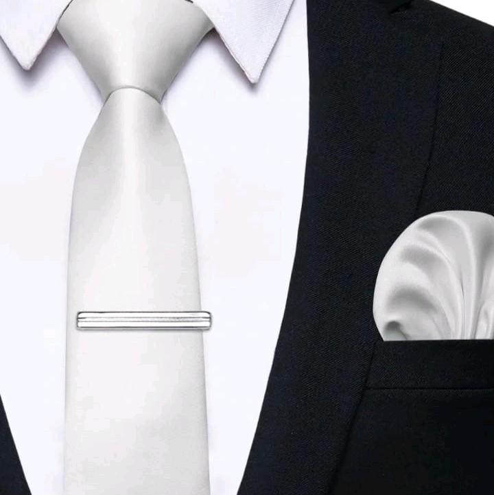 Dasi instan  pria plus penjepit dasi silver metalik dasi 3inchi 8 cm+ pocket square 3 in 1 packing box 6