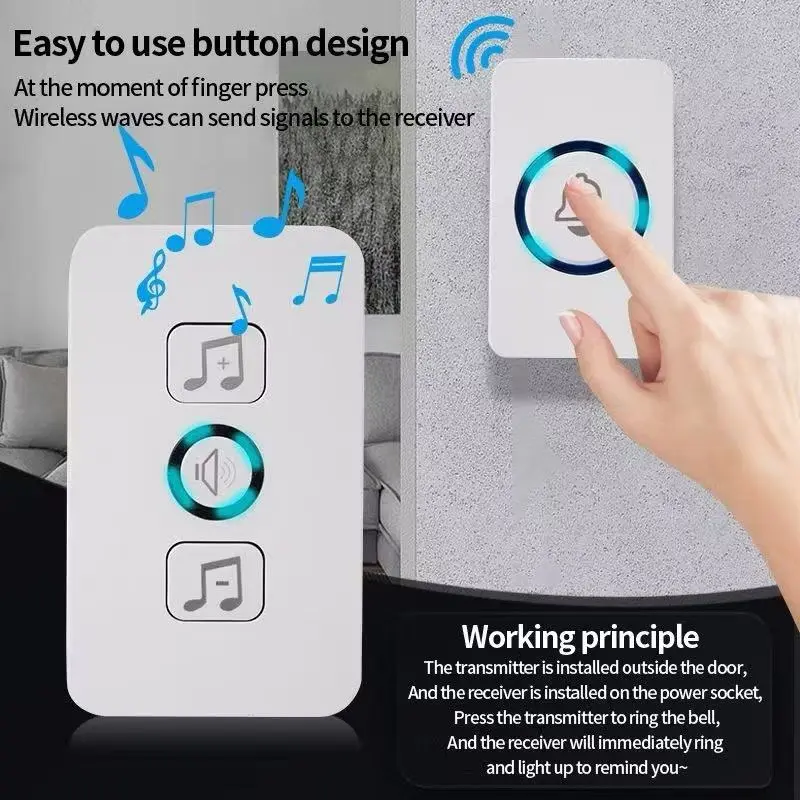 Wireless Doorbell Smart Home Door Bell Waterproof With 62 Ringtones Hole Free Installation battery