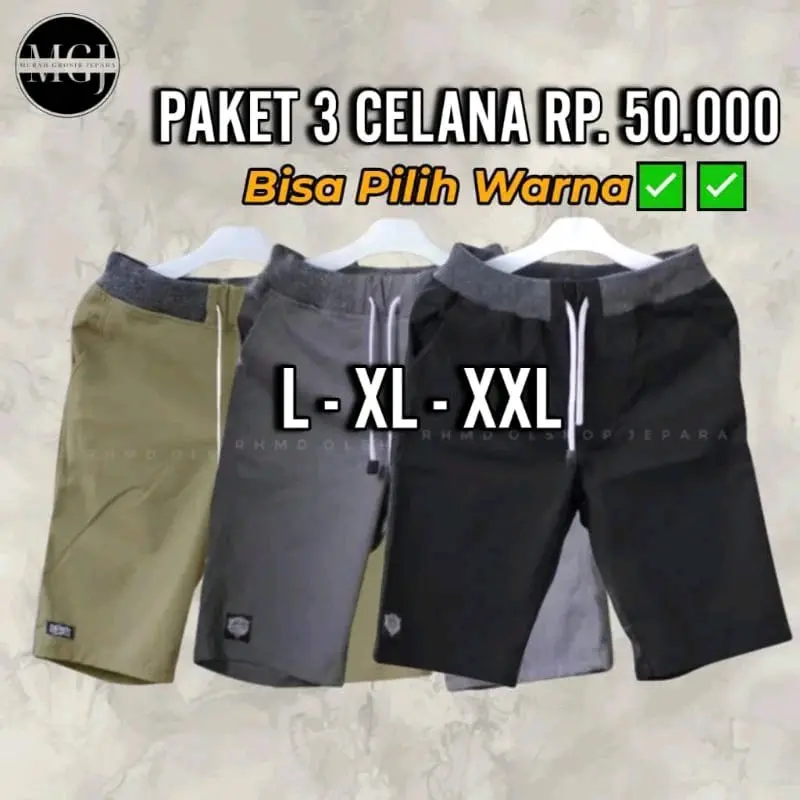 ( 50RB DAPAT 3 PCS ) Celana Chino Pendek Pria Dewasa Jumbo Standar Distro Pinggang Karet L XL XXL