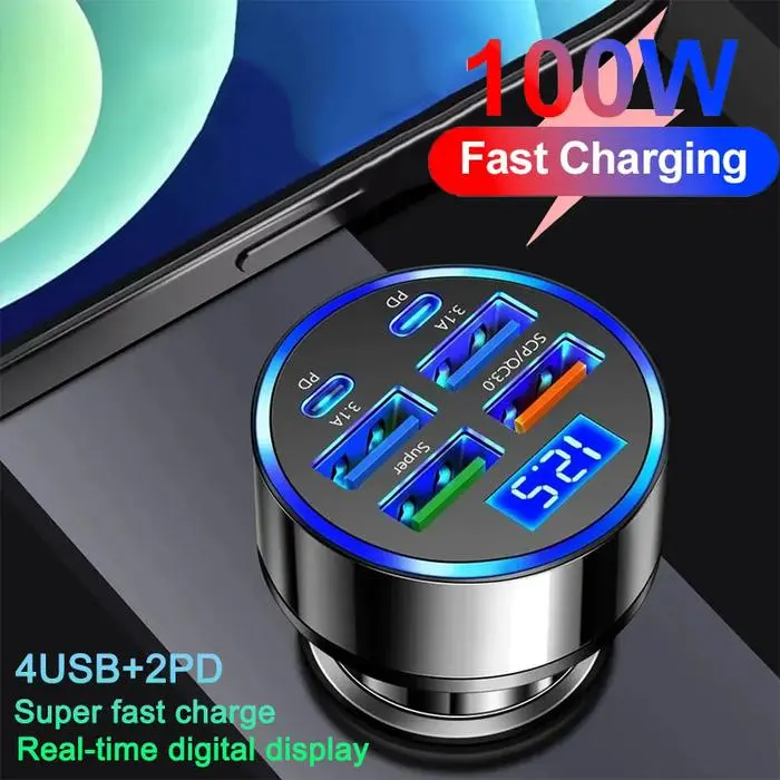 Charger Mobil 6 Port 4USB+2Type-C Fast Charging dengan Voltmeter Digital Bodi Logam Kokoh Anti Panas Tahan Gores Plug and Play untuk Semua Tipe Mobil - Car