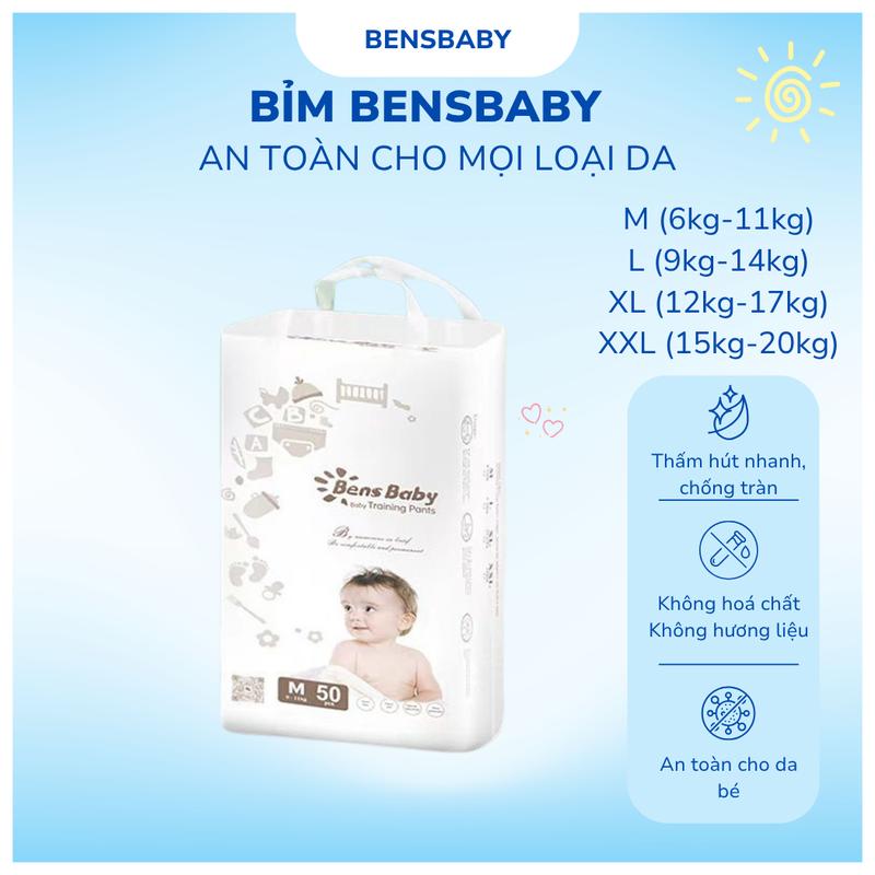 [Bens Baby - AFF] Gói 50 Miếng Bỉm Tã Quần Cho Bé Đa Kích Cỡ M, L, XL, XXL Siêu Mỏng Thấm Hút Thoáng Mát Thích Hợp Cho Mùa Hè mẹ và bé