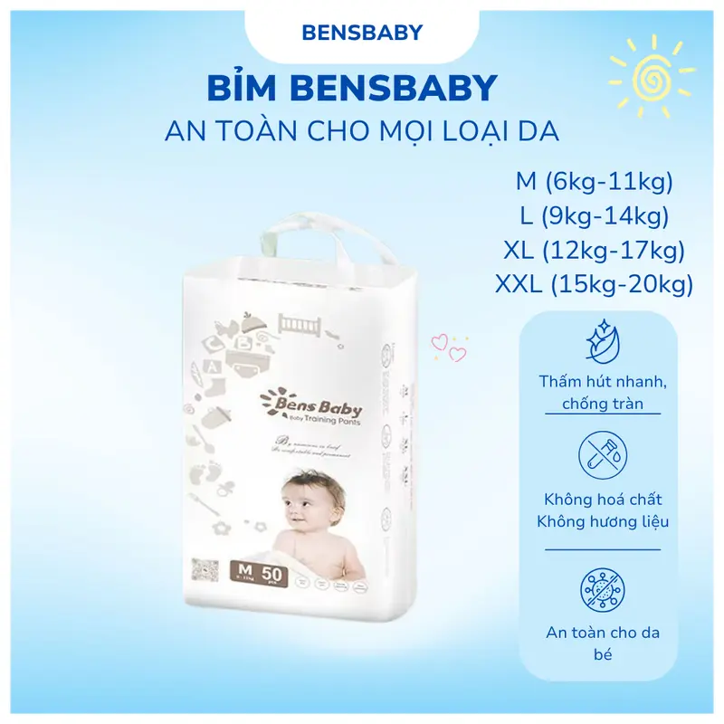 [Bens Baby - AFF] Gói 50 Miếng Bỉm Tã Quần Cho Bé Đa Kích Cỡ M, L, XL, XXL Siêu Mỏng Thấm Hút Thoáng Mát Thích Hợp Cho Mùa Hè mẹ và bé 0