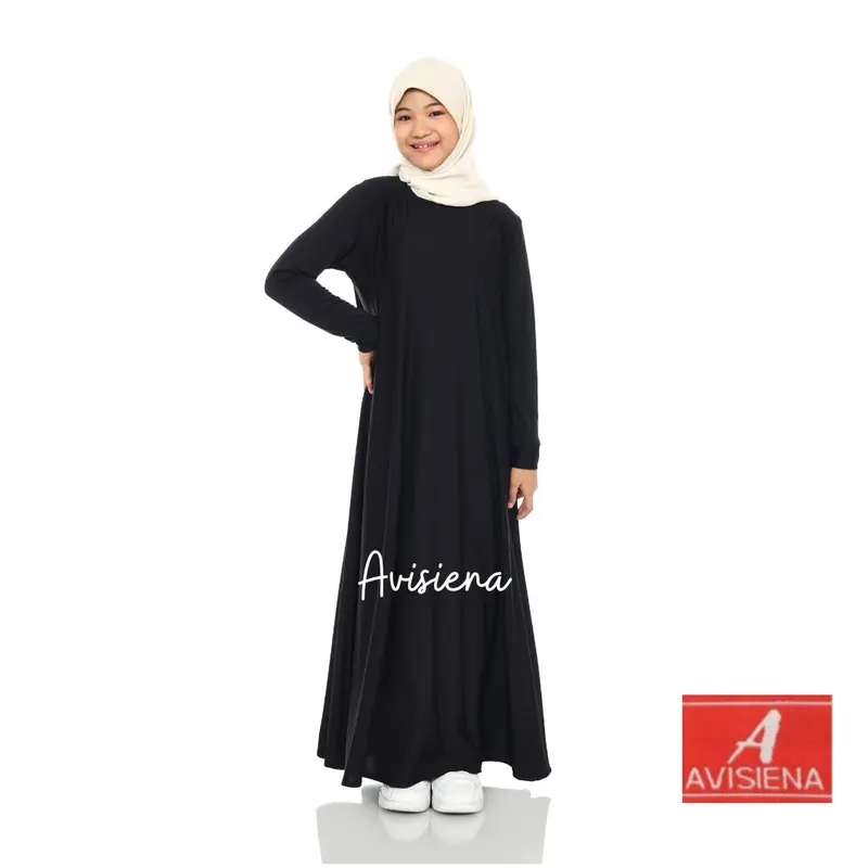 Avisiena - Gamis Polos Anak jersey  Inner anak lengan panjang dalaman gamis anak remaja tanggung Hitam putih Basic Dress Muslim Nyaman Sekolah White 2