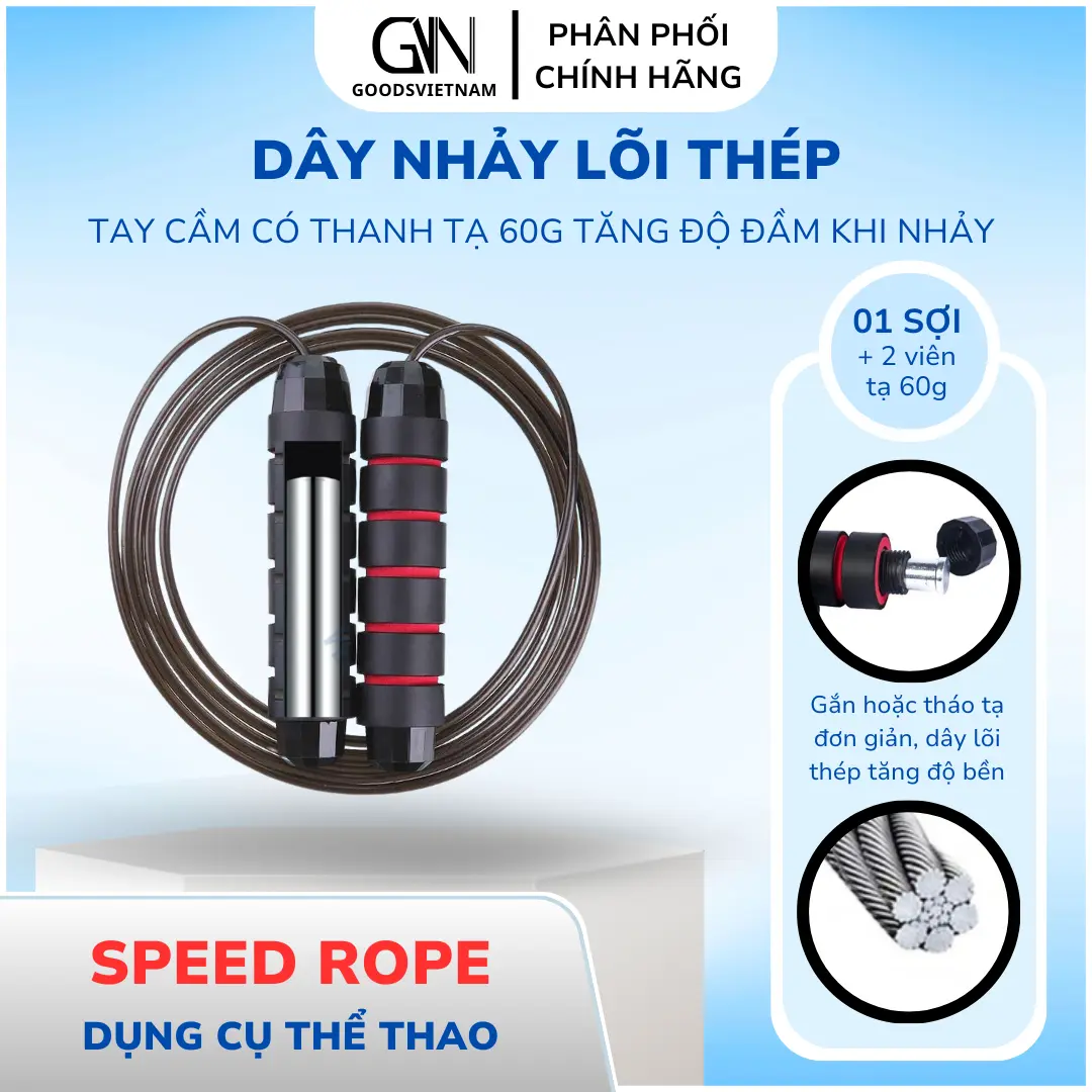 Dây Nhảy Lõi Thép Độ Dài 2.7 Mét, Tay Cầm Có Tạ và Không Tạ - Tập Thể Dục Thể Thao Giảm Cân Hiệu Quả