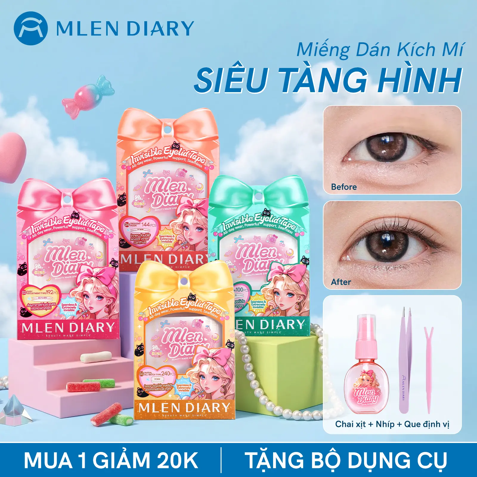 Mlen Diary - Miếng Dán Kích Mí Lưới Tàng Hình Tự Nhiên Phù Hợp Cho Mọi Dáng Mắt, Nhiều Lựa Chọn Dễ Dùng Cho Người Mới Bắt Đầu- Kích Mí Không Gây Lộ, Tự Nhiên Cả Khi Không Makeup