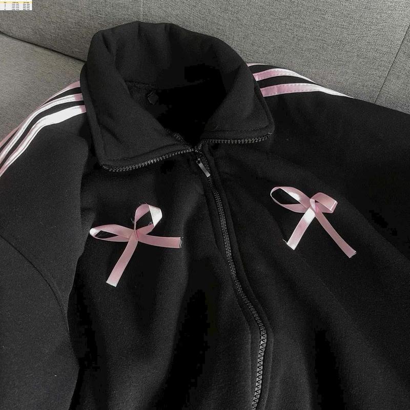 Áo Khoác Nữ Women Jacket Cổ Trụ Dây Kéo Form Rộng Đính Nơ Dễ Thương Top bán chạy 5