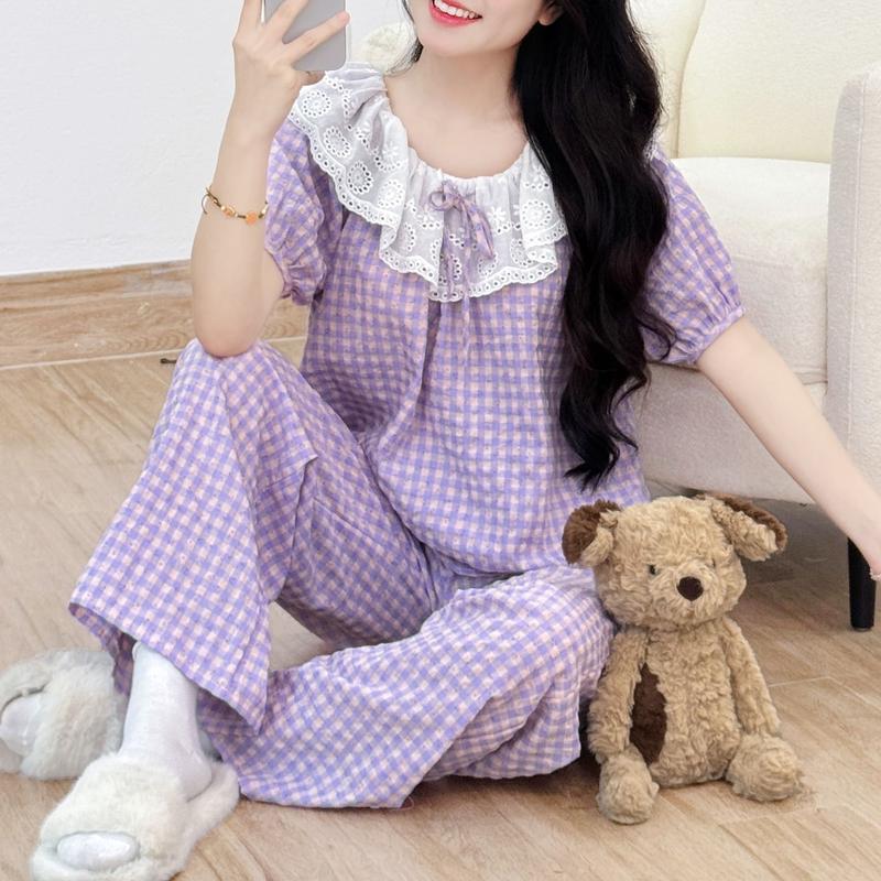 Bộ Đồ Ngủ Nữ Dài Tay Ngắn Quần Dài Kẻ Caro Đũi Thoáng Mát BigSize Chất Liệu Cao Cấp – PINK