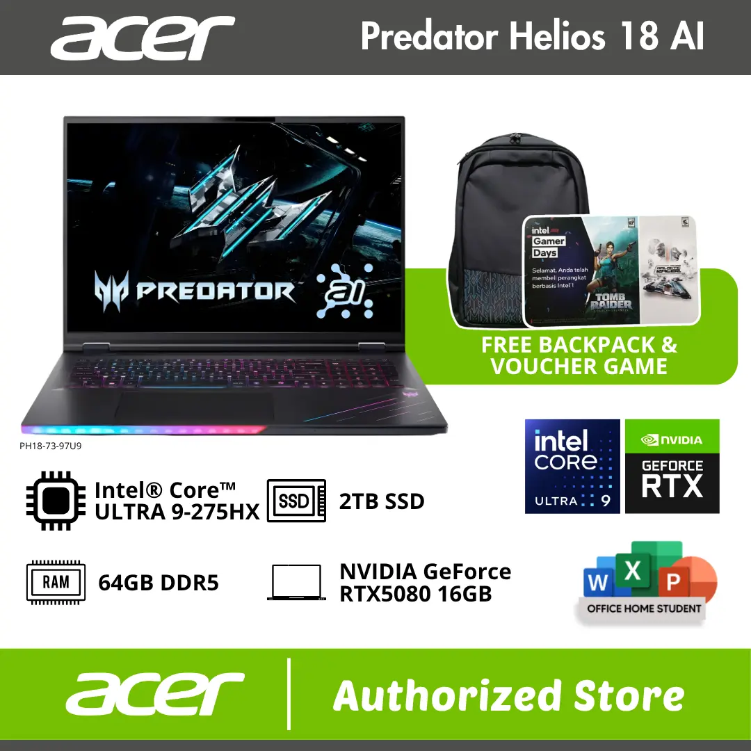 ACER PREDATOR HELIOS 18 PH18 73 97U9 ULTRA 9 275HX 32GB 2TB SSD RTX5080 16GB GDDR7 18" IPS WQXGA 250Hz DCI-P3 100%
