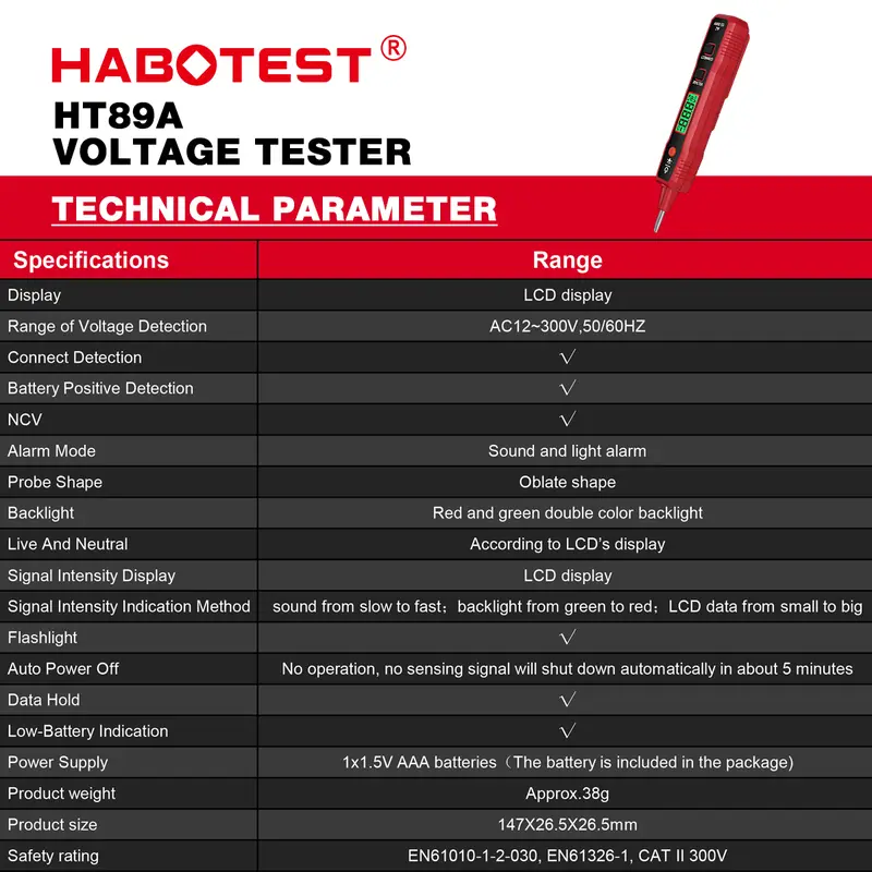 HABOTEST HT89 Pen Type AC Voltage Detector NCV 12~300V Voltage Tester For Live/Null Wire With Flashlight LCD Display Breakpoint Finder 7