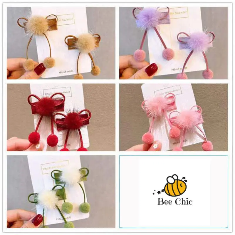 BeeChic.Kids Jepit Rambut Cherry Bola Bulu Anak Lucu 2 in 1 Jepitan Rambut Fashion Jepitan Ribbon Hair Pin Gaya Korea Kids Murah