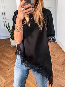 Top de satén de manga corta con ribete de encaje asimétrico, moda verano, diseño elegante, perfecto para uso casual, ropa para mujer