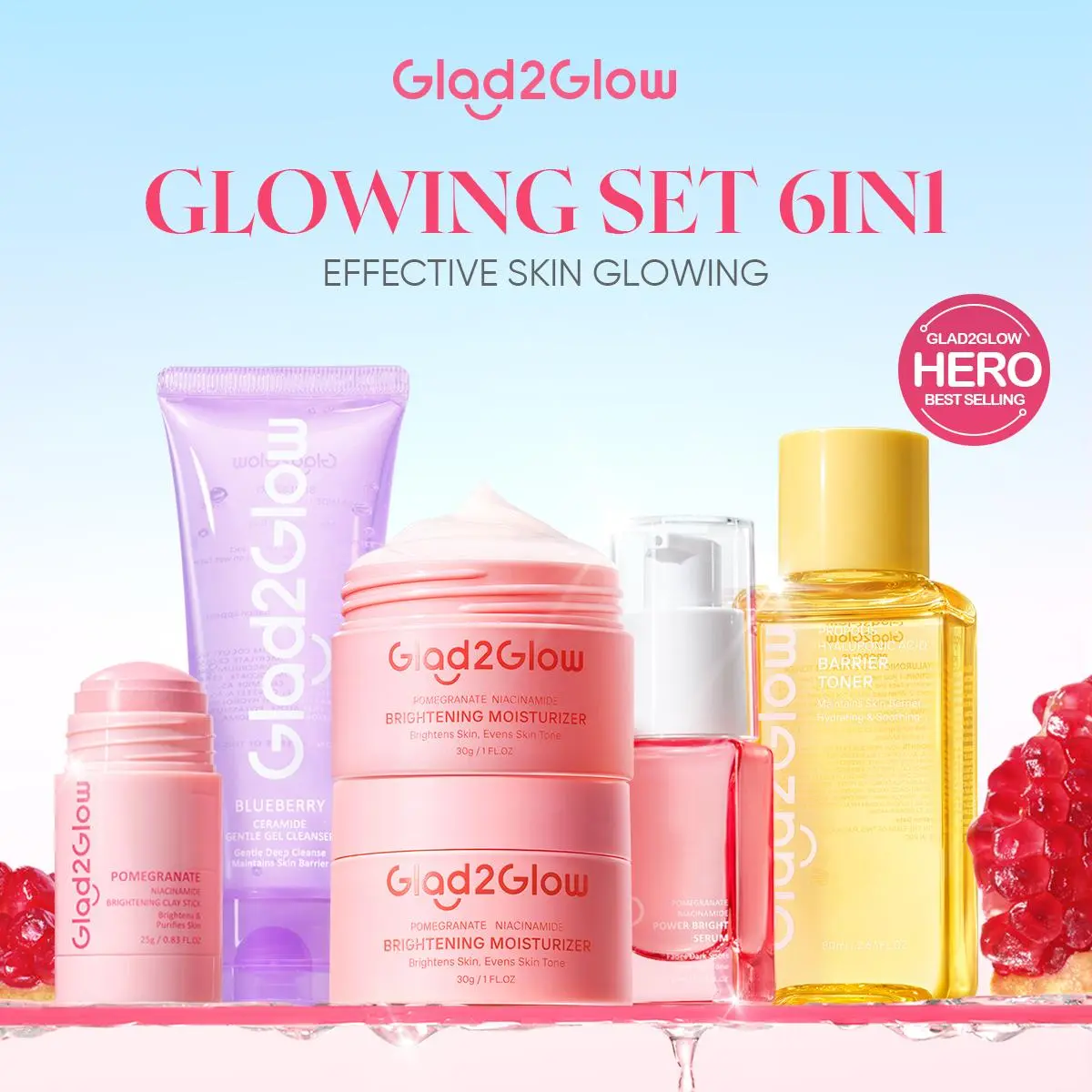 【6in1】Glad2Glow 6 in 1 bundle -Moisturizer Cleanser Clay Mask stick cleanser-ACNE KIT GLOWING KIT Dark Spot Barrier 6pcs Body Scrub Acid Berjerawat Ceramide Cleanser Exfoliating Kering Membersihkan Mencerahkan Niacinamide Pencerah Wajah Arbutin Cooling