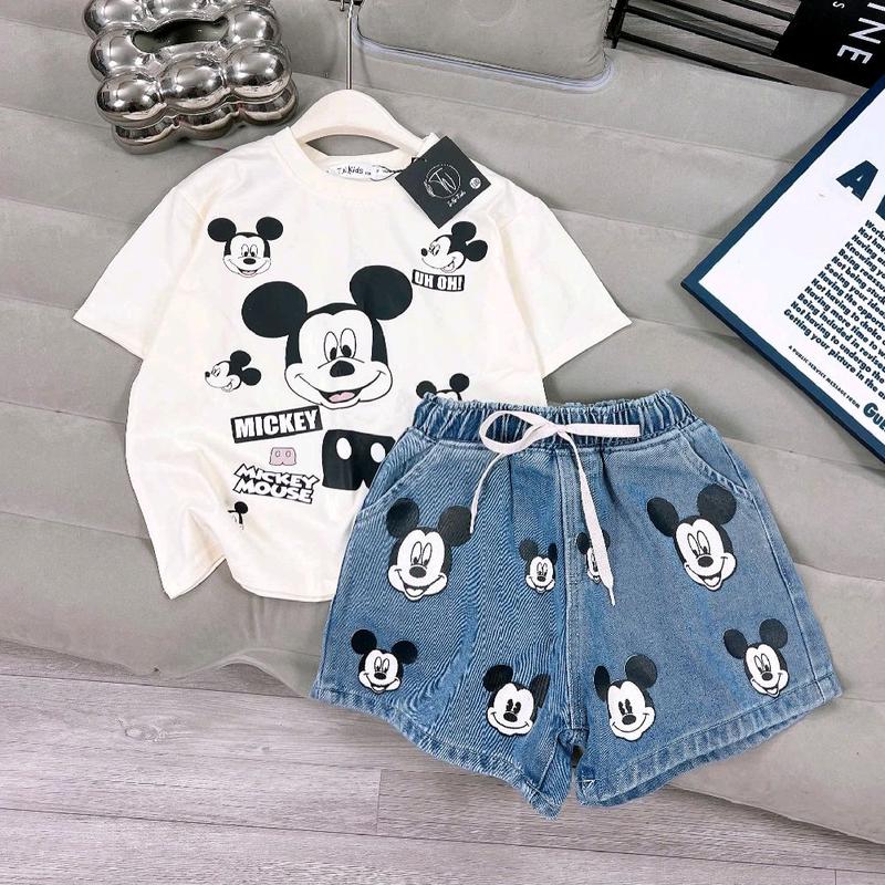   Micky  Set Áo Cotton Kèm Quần Sooc In Hình Mickey Tay Ngắn Size 15-50kg Chất Liệu Cotton Phù Hợp Giặt Máy 