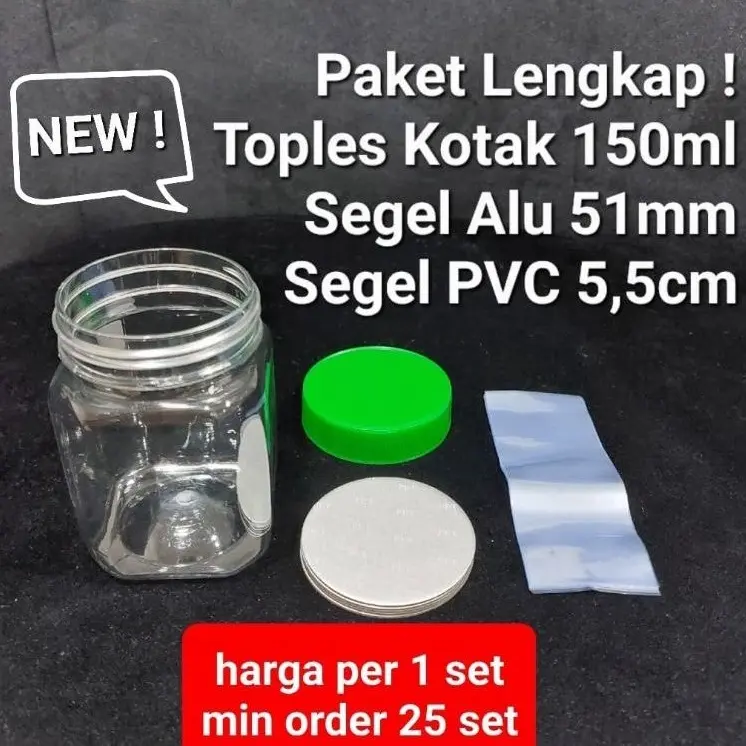Paket Lengkap ! Toples KOTAK 150ml + Segel Alu 51mm + Segel PVC 5 5cm 0