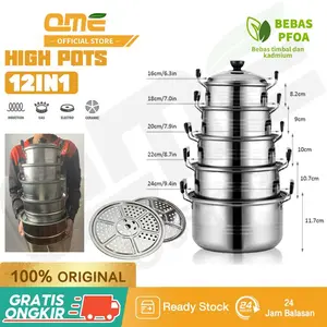 QMEしあわせ QME- Panci 12in1 Set Kecil Kukus Steamer Stainless Steel 16/18/20/22/24CM Kitchenware Set Anti Karat Tebal Cocok untuk Memasak dan Acara Keluarga