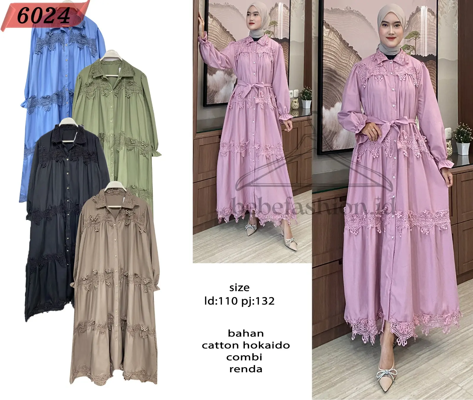 6024 BEBEFASHIONID Long Dress Wanita Busui Renda Basic Modern Lengan Panjang Premium