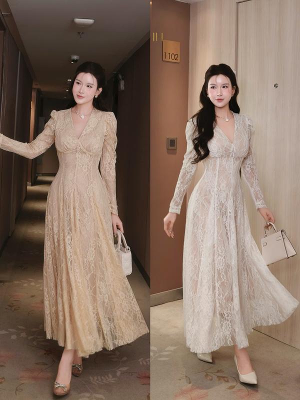 Kiều Linh - Váy Maxi Dự Tiệc KL588 Thiết Kế Cổ V Chất Liệu Ren Hoa Thêu 2 Lớp Lót Giấu Đường May Kĩ May Kĩ Tỉ Mỉ