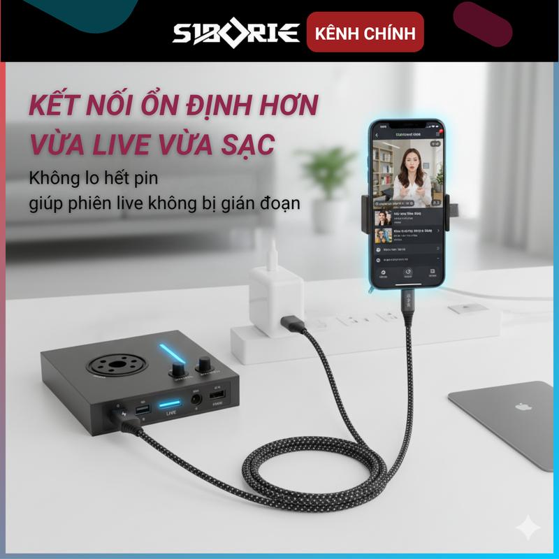 SIBORIE Dây Livestream Cáp OTG Livestreams Hỗ trợ sạc Usb 2 đầu Lightning và Type-C bọc dù chống gãy Phụ kiện Sound Card Bluetooth 