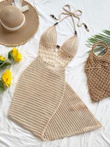 Vestido tejido calado de verano para mujer, novedad 2026, cuello halter, vestido maxi de crochet ajustado, prenda tipo cover up para la playa, vestido casual para vacaciones, ideal para fiesta en la playa y clubwear.
